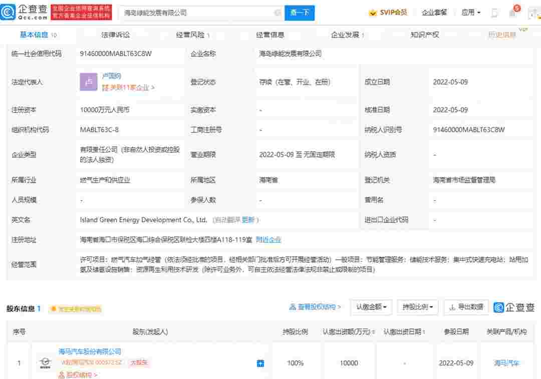 海馬汽車(chē)在海口成立綠能發(fā)展公司，注冊(cè)資本1億元